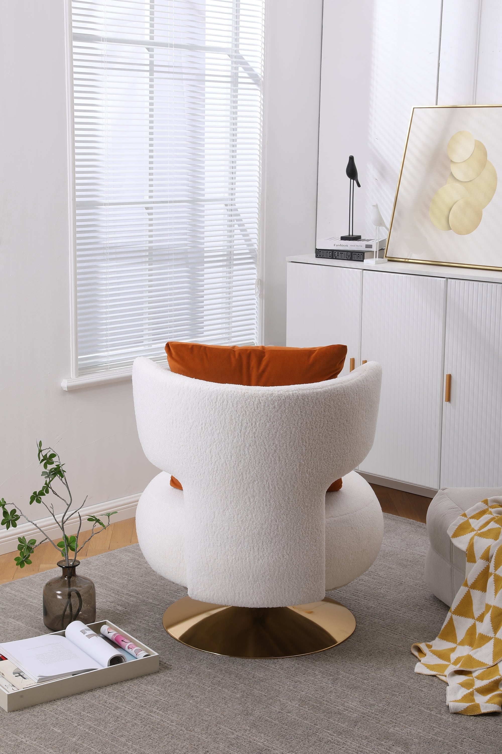 Swivel Accent Chair Armchair, Round Barrel Chair in Fabric  - White