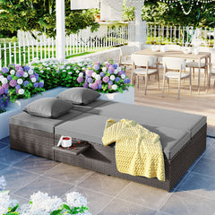 Outdoor Double Sun bed, Wicker Rattan Patio Reclining Chairs with Adjustable Backrest and Seat, Conversational Set for 2 Person - Gray