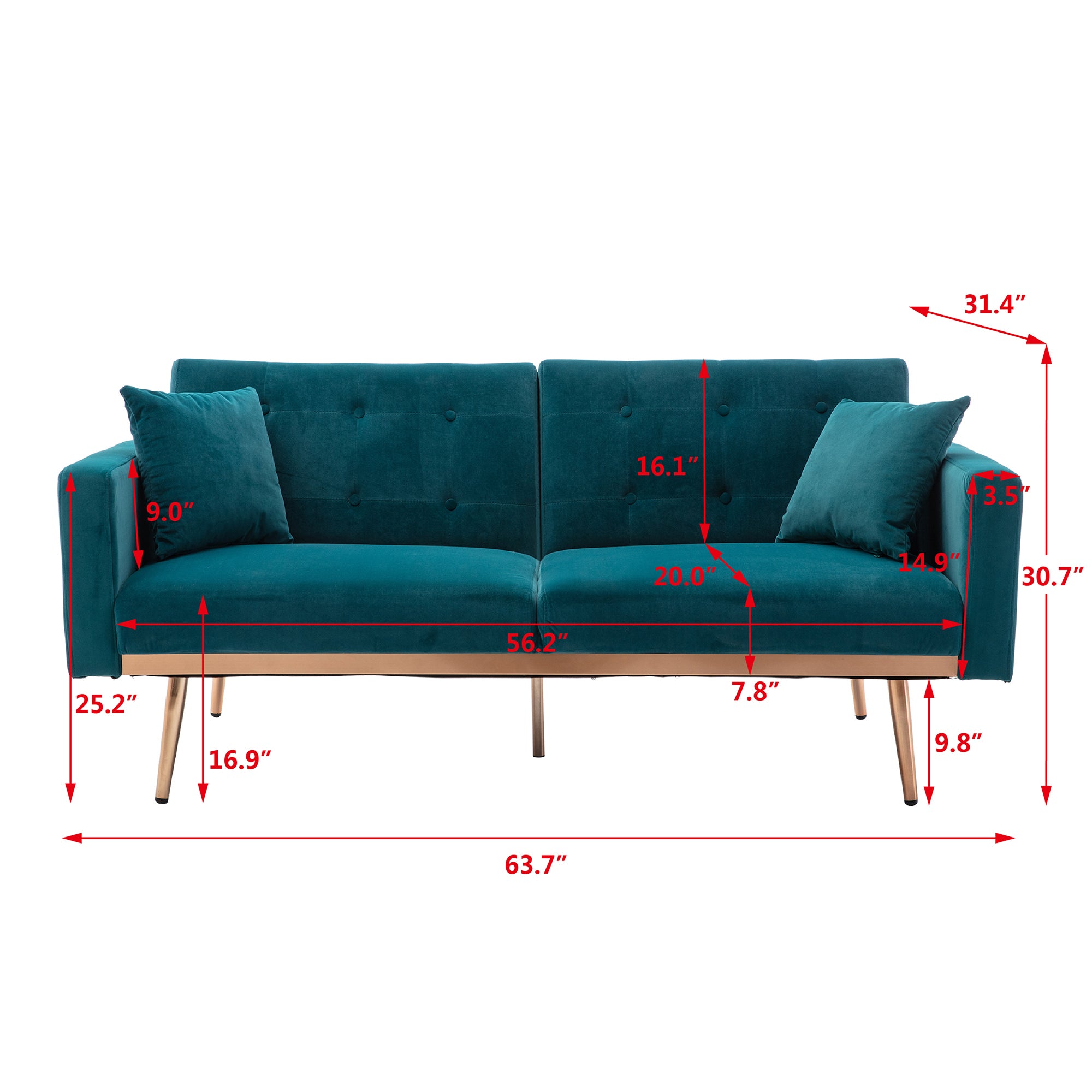Velvet Accent Sofa, Loveseat Sofa with Rose Gold Metal Feet and Teal Velvet