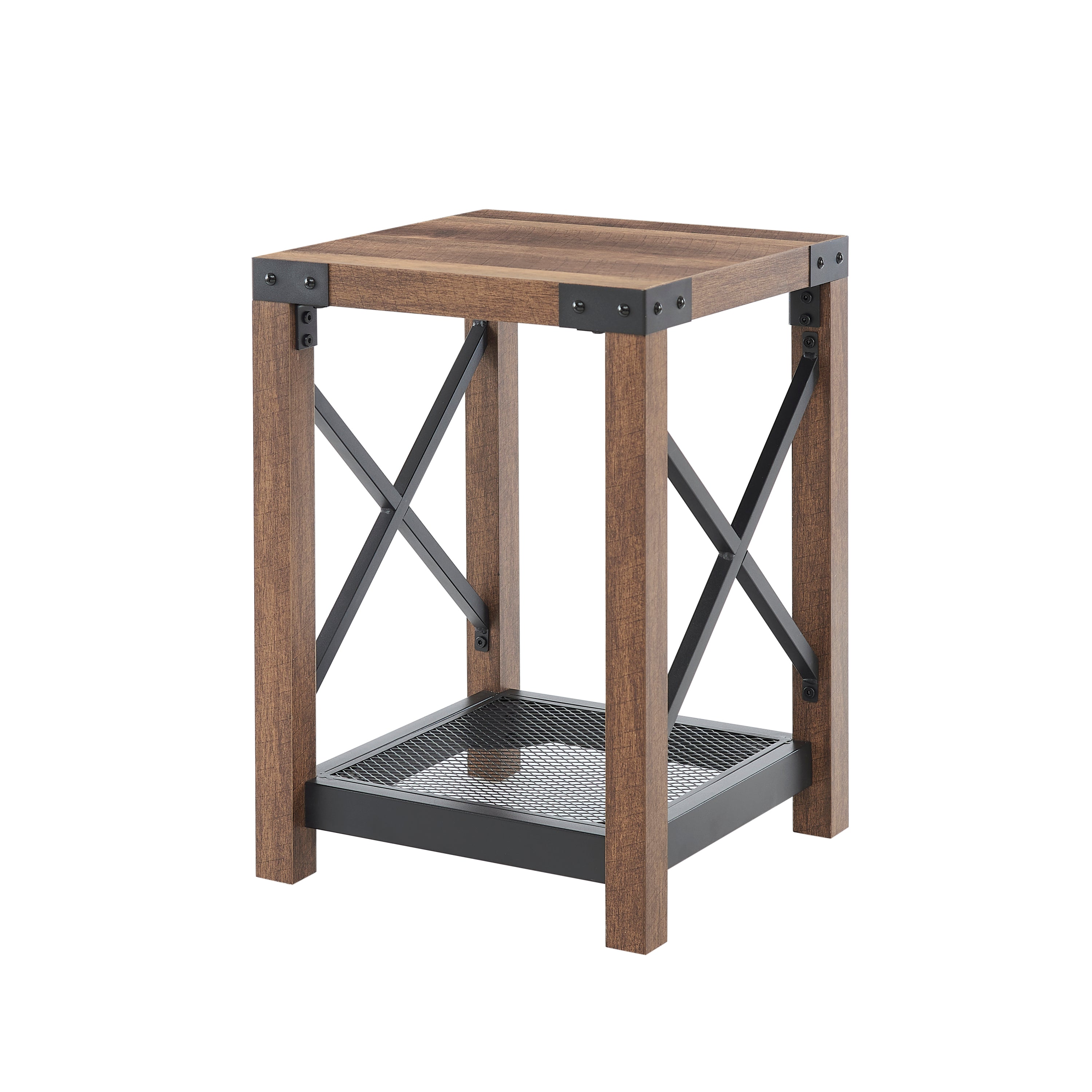 Farmhouse Wood Side Table, Nightstand with Mesh Shelf, 2-Tier End Table - Brown