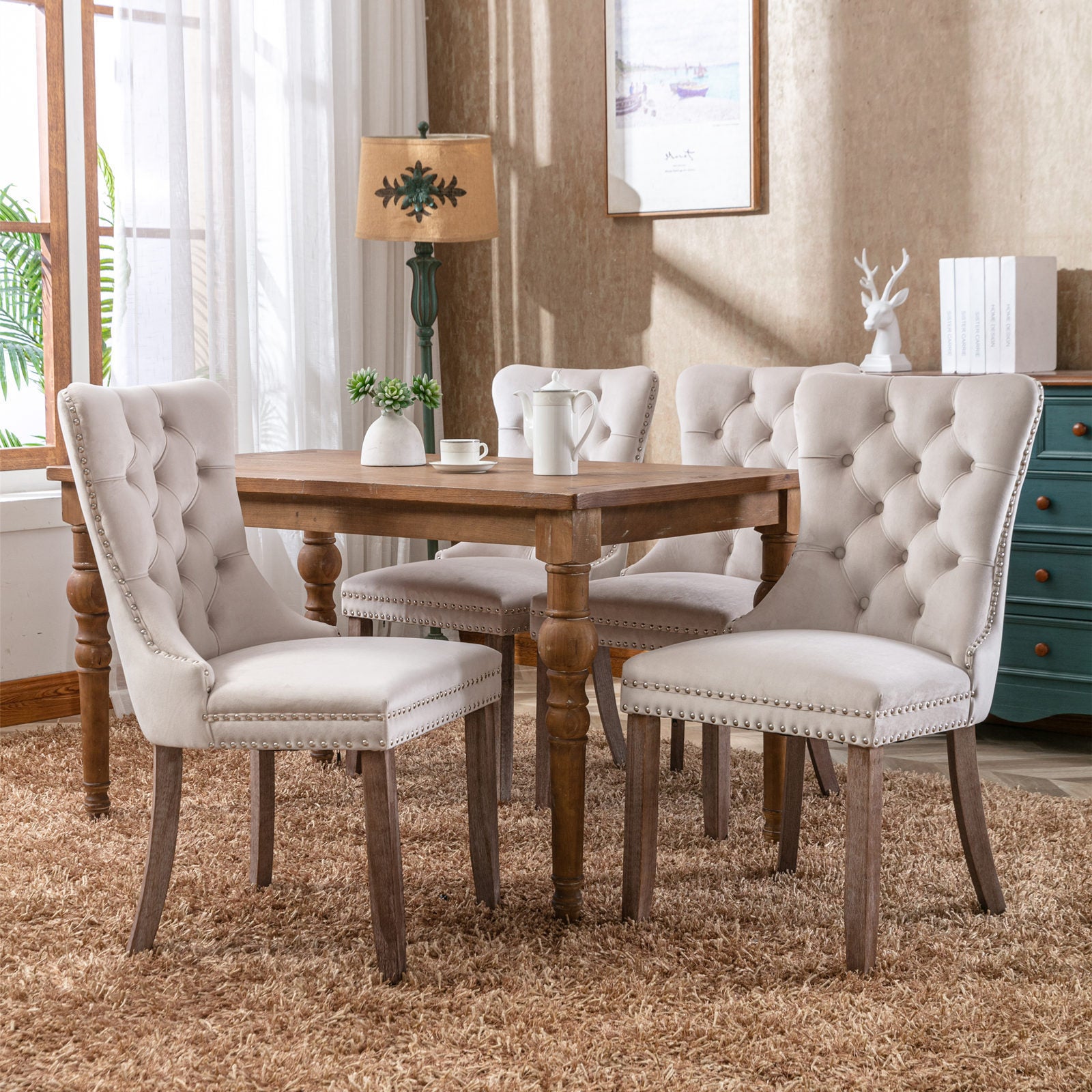 Modern High-end Tufted Velvet Upholstered Dining Chair with Wood Legs Nailhead Trim (Set of 2) -Beige