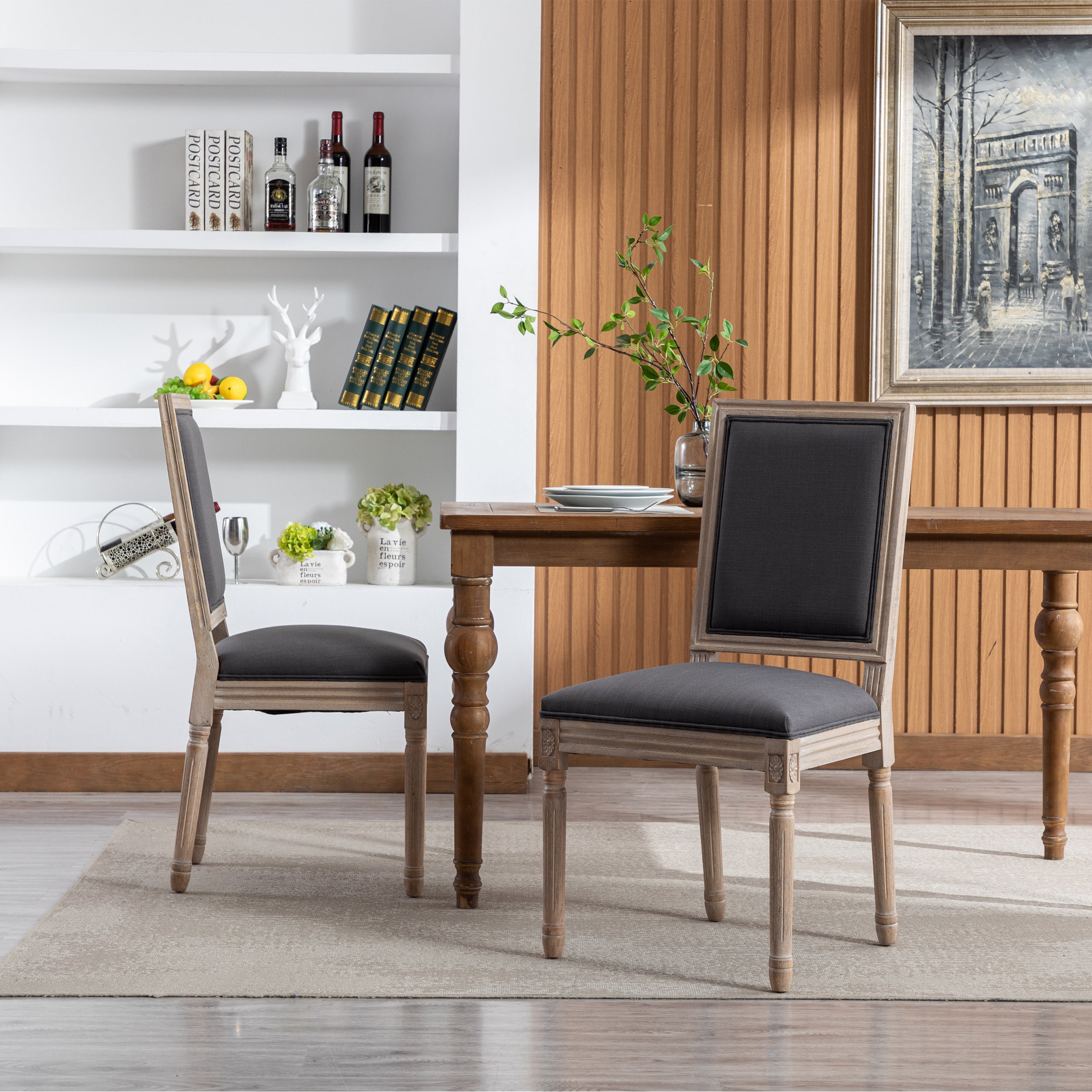 French Style Antique Painting Linen Back Dining Chair (Set of 2) - Grey