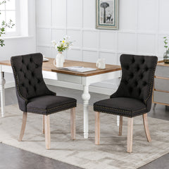 Set of 2 - High-end Tufted Solid Wood Contemporary Flax Upholstered Linen Dining Chair with Wood Legs Nailhead Trim - Black Linen
