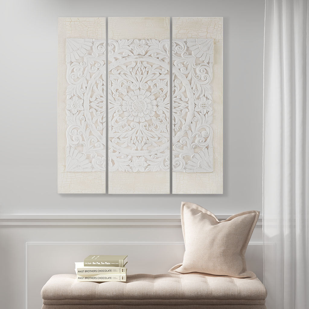 White Mandala Triptych 3-piece Dimensional Resin Canvas Wall Art Set