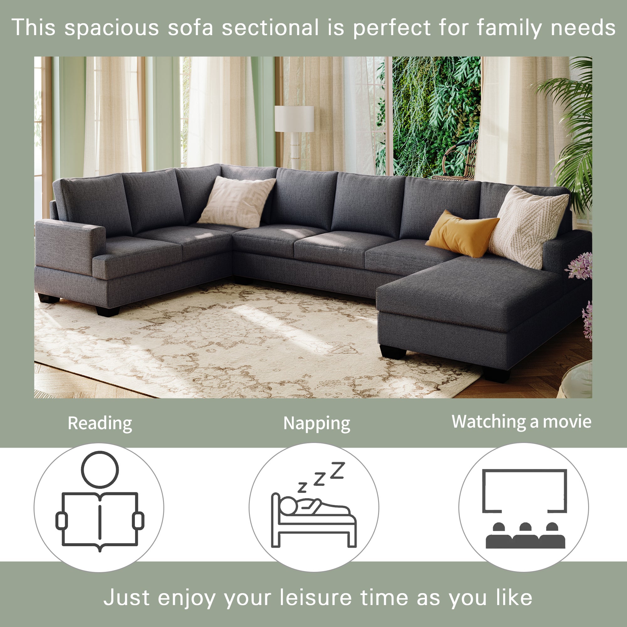Modern Large Upholstered  U-Shape Sectional Sofa, Extra Wide Chaise Lounge Couch - Grey