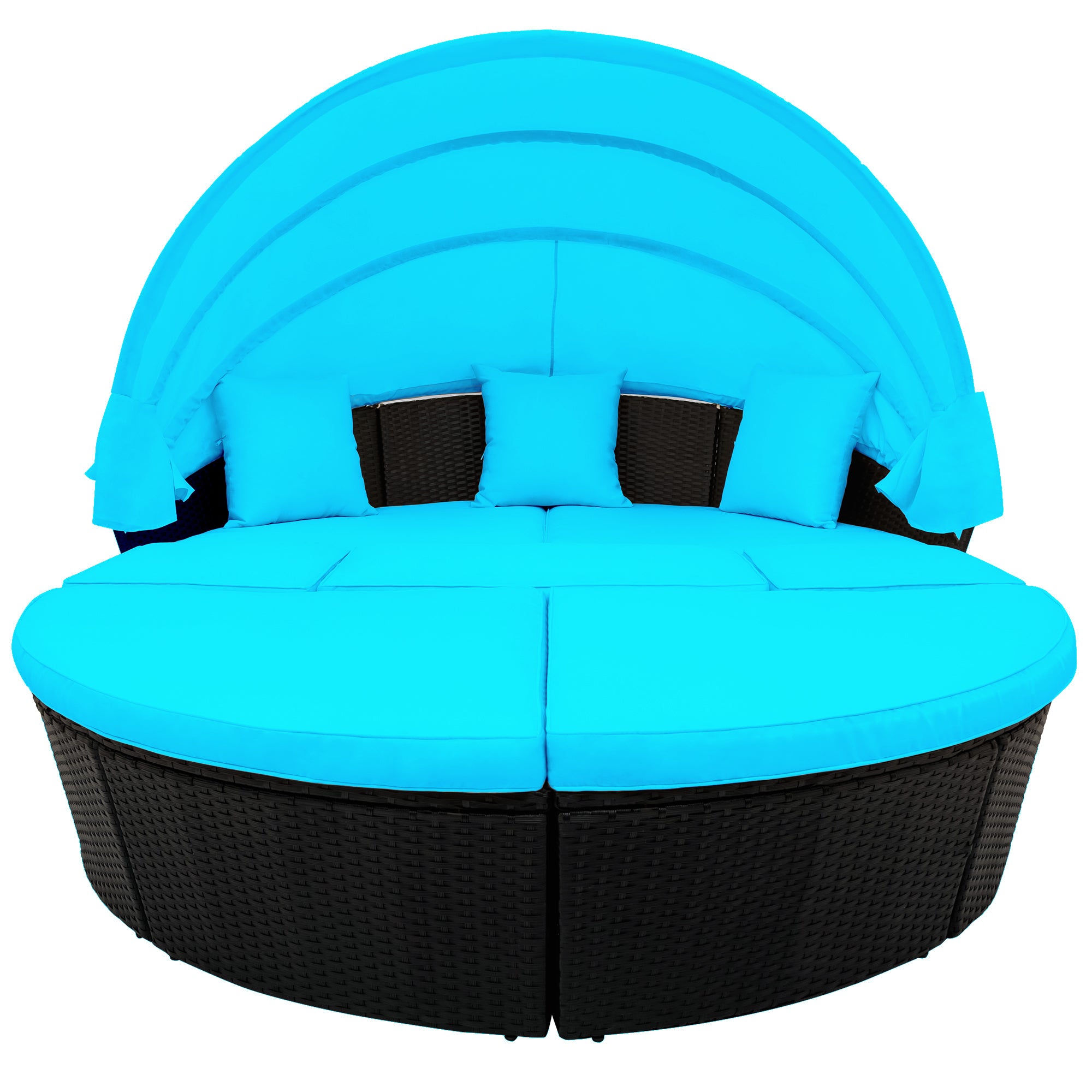 Outdoor rattan daybed sunbed with Retractable Canopy Wicker Furniture, Round Outdoor Sectional Sofa Set, Black Wicker Furniture Clamshell  Seating with Washable Cushions - Blue