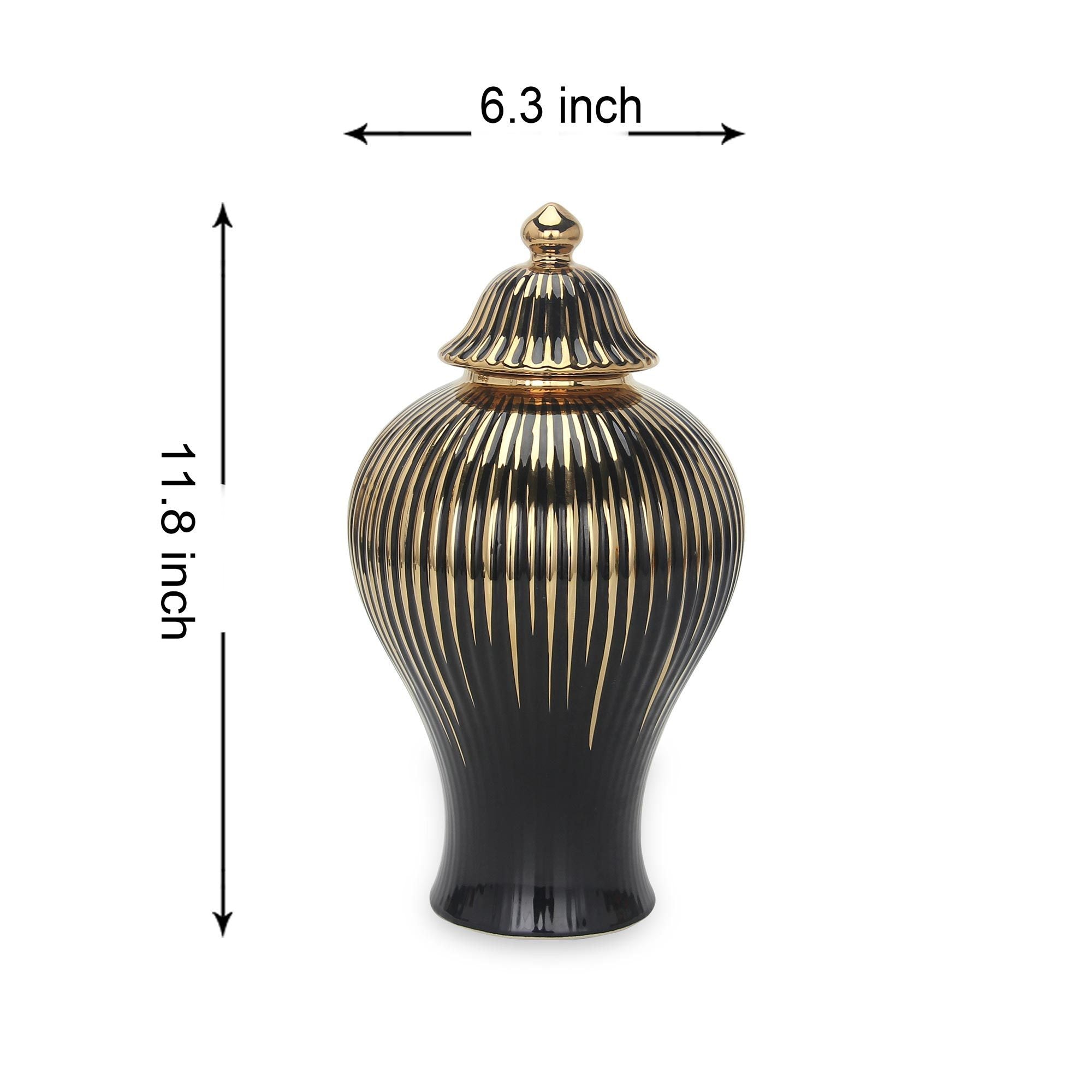 12"H Black with Gold Design Ceramic Decorative Ginger Jar Vase