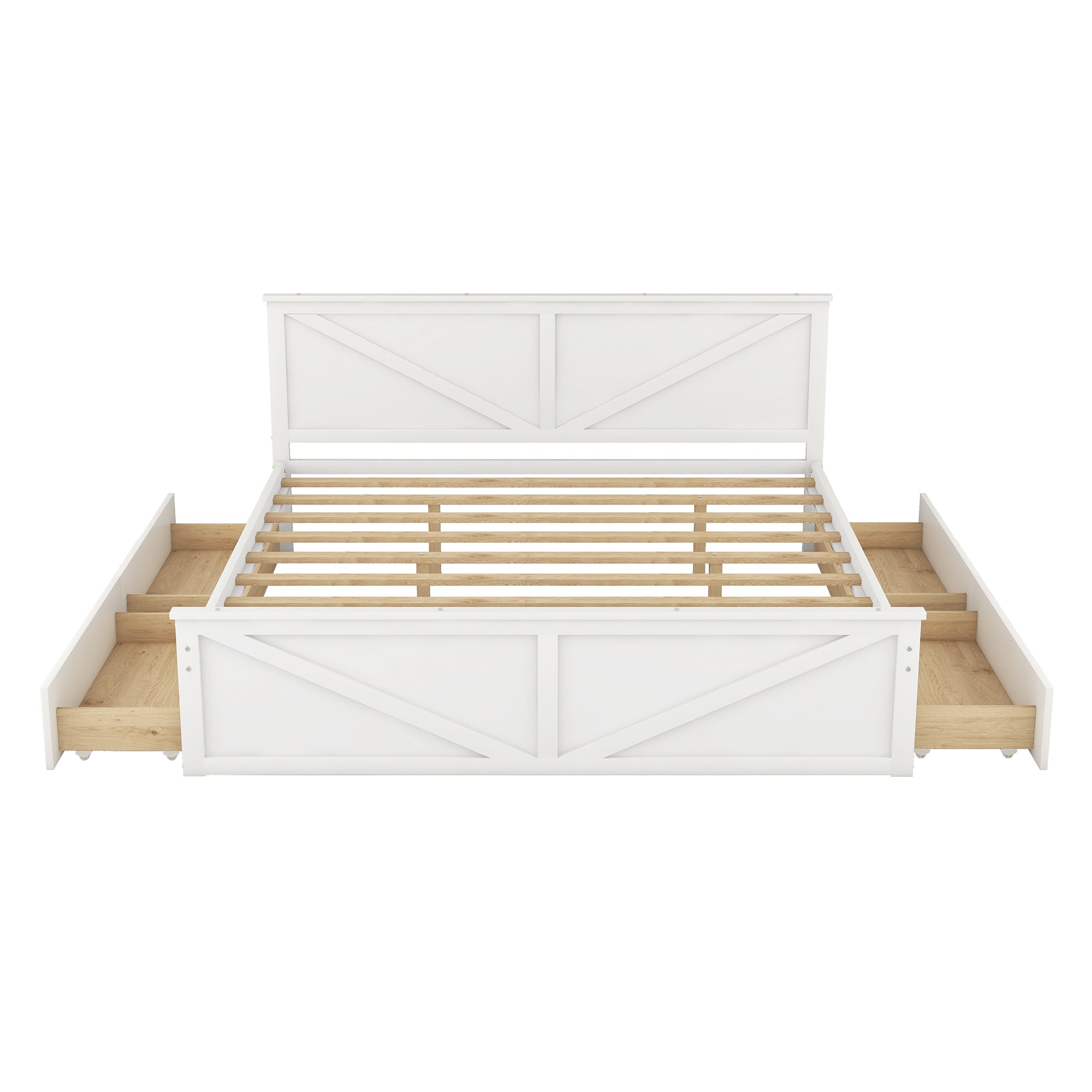 King Size Wooden Platform Bed with Four Storage Drawers and Support Legs - White