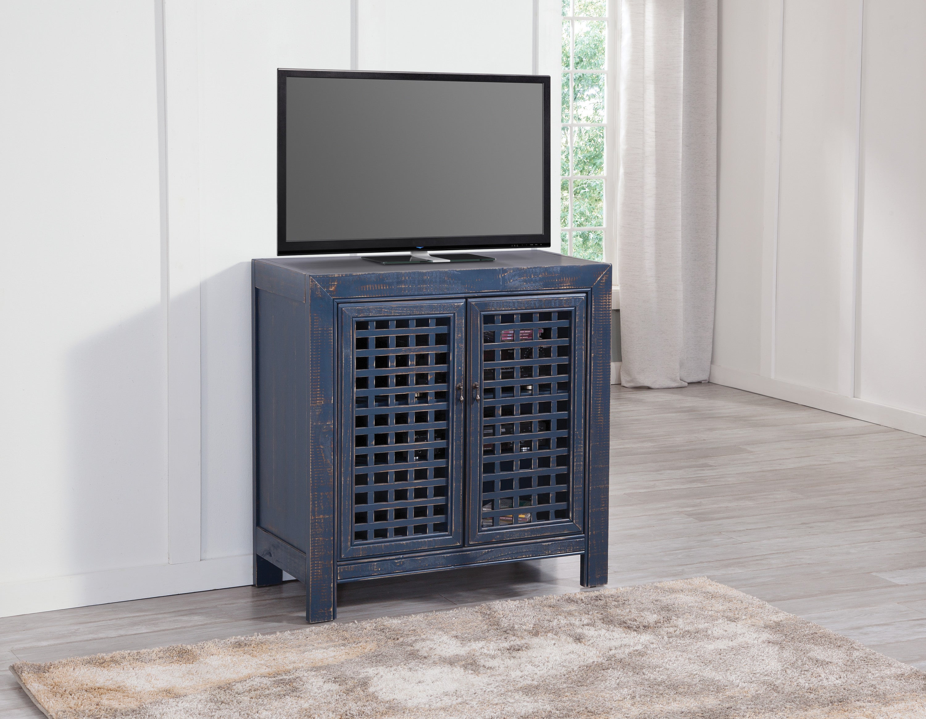 Farmhouse Style Accent Cabinet, Lattice Work Front - Distressed Navy Finish