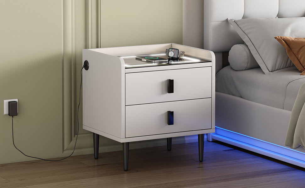 Nightstand with Wireless Charging Station,USB Charging and Adjustable LED Lights, Modern End Table with 2 Drawers - White