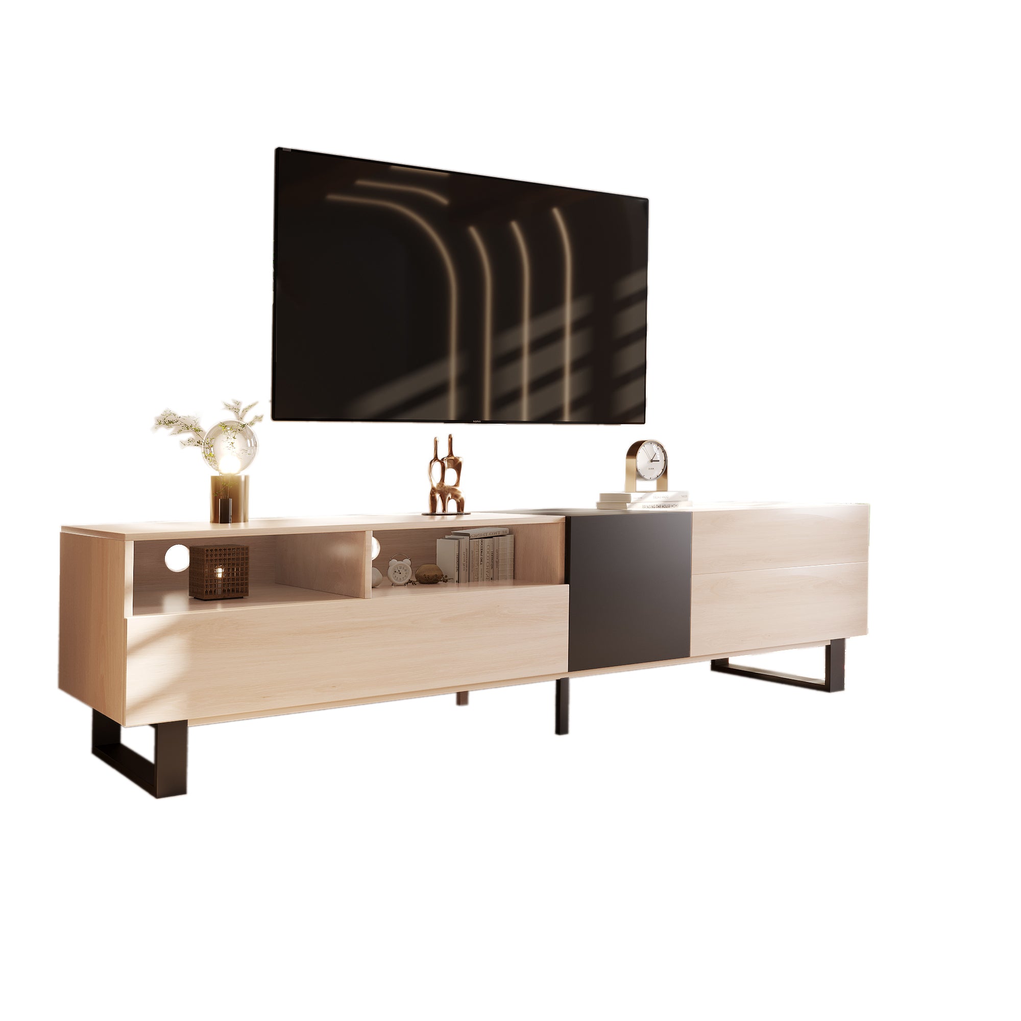 Modern TV Stand for 80'' TV with Double Storage Space - Natural Wood
