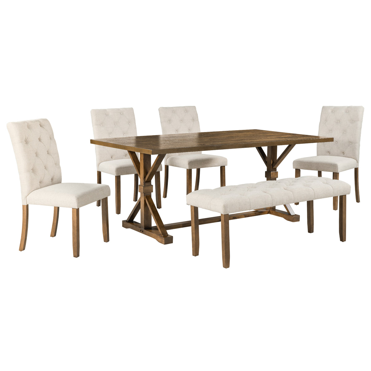 6-Piece Farmhouse Dining Table Set 72" Wood Rectangular Table, 4 Upholstered Chairs with Bench - Walnut