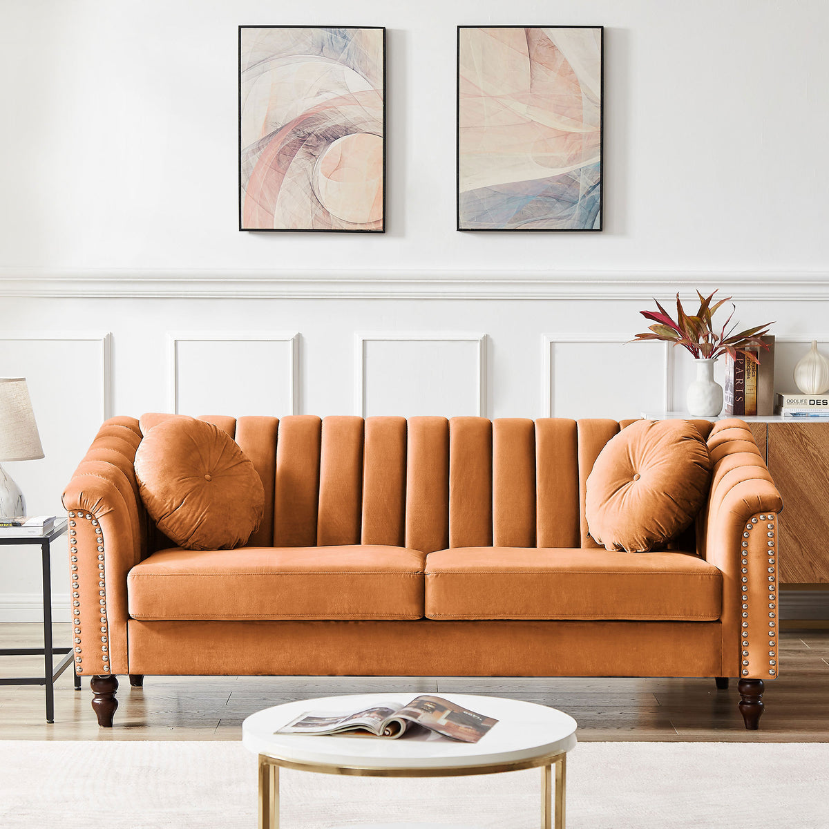 Modern Camel Velvet Upholstered Sofa Couch, 3 Seat Tufted Back