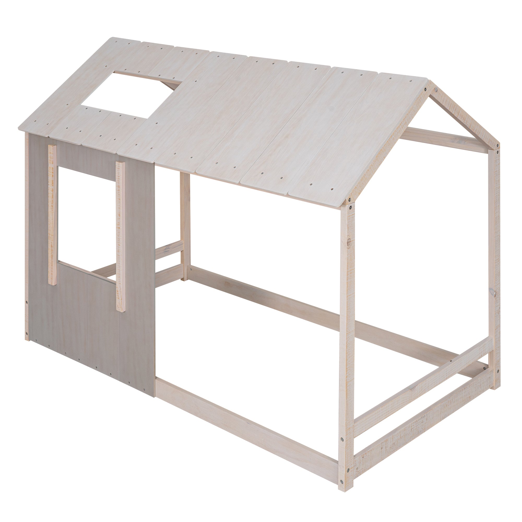 Twin Size House Platform with Roof and Window  - Antique Grey+Antique White
