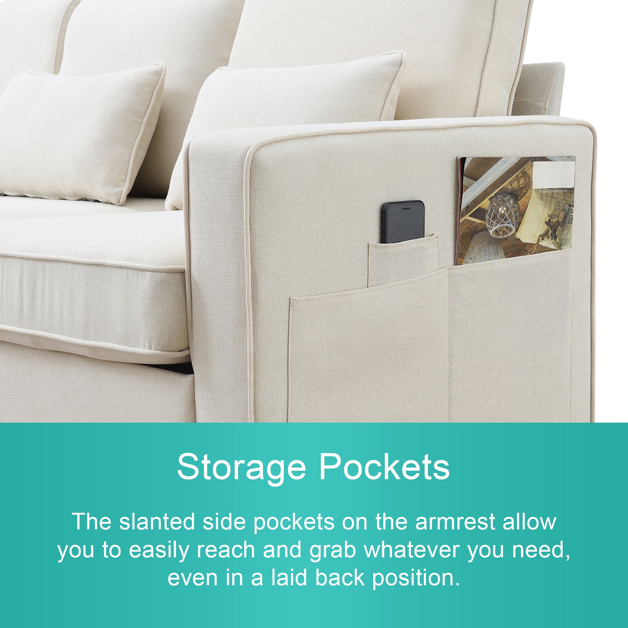 104" 4-Seater Modern Linen Fabric Sofa with Armrest Pockets and 4 Pillows,Minimalist Style Couch - Beige