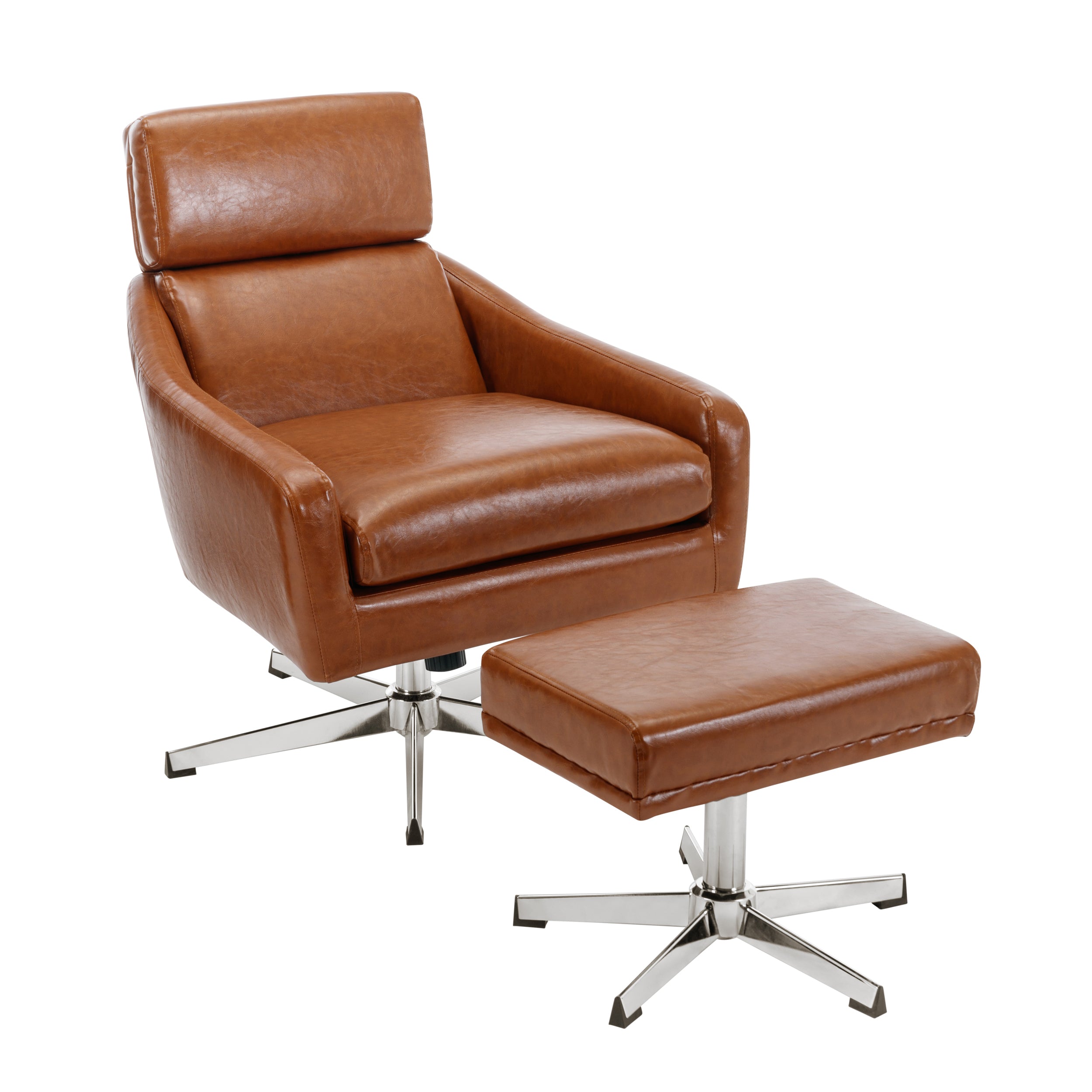 PU Leather Swivel Armchair with Ottoman - Brown