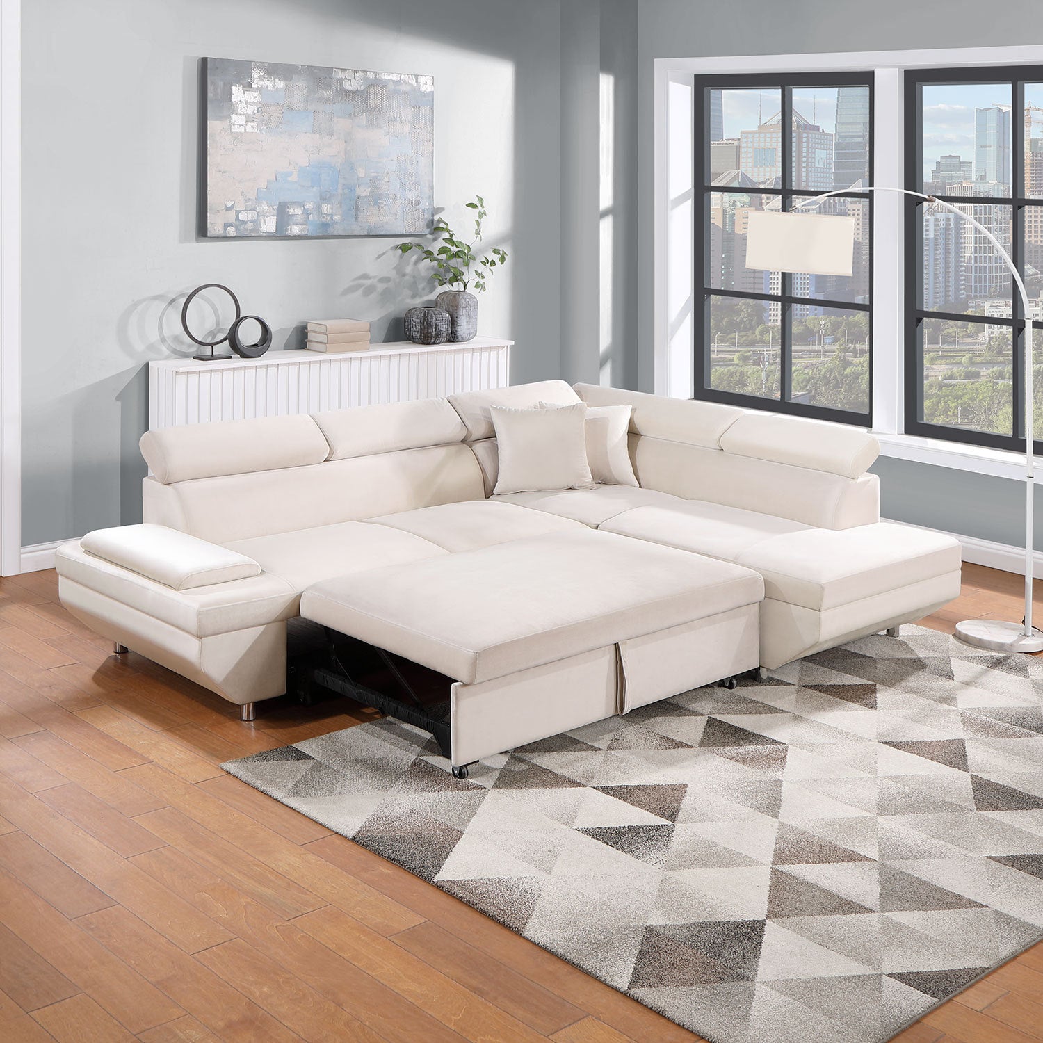 L Shape Sofa, Sleeper Sofa 2 in 1 Pull Out Couch Bed, Right-Facing Pull-out Bed Metal Legs - Velvet Beige