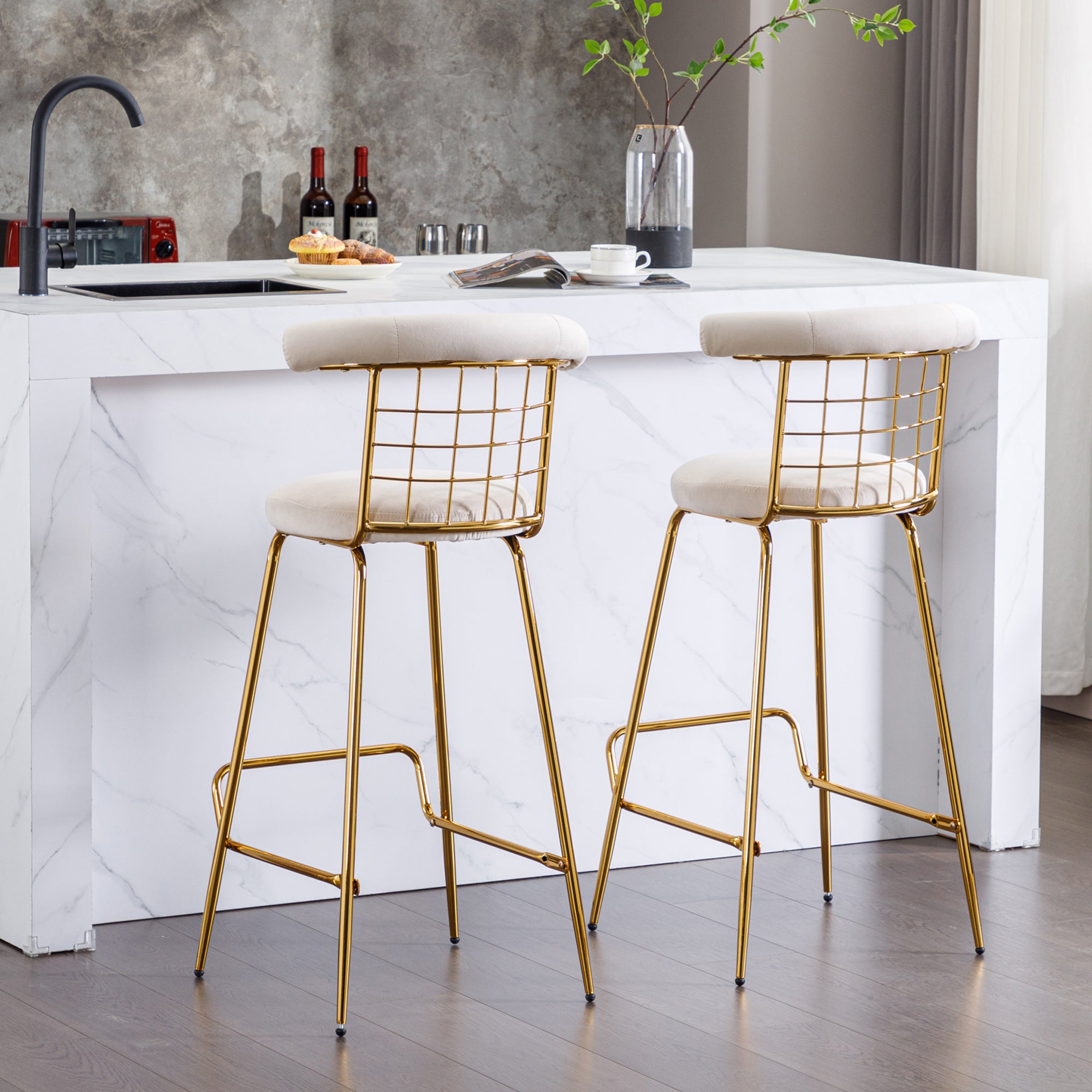 Luxury Velvet High Bar Stool with Metal Legs and Soft Back with Metal Legs (Set of 2) -Beige