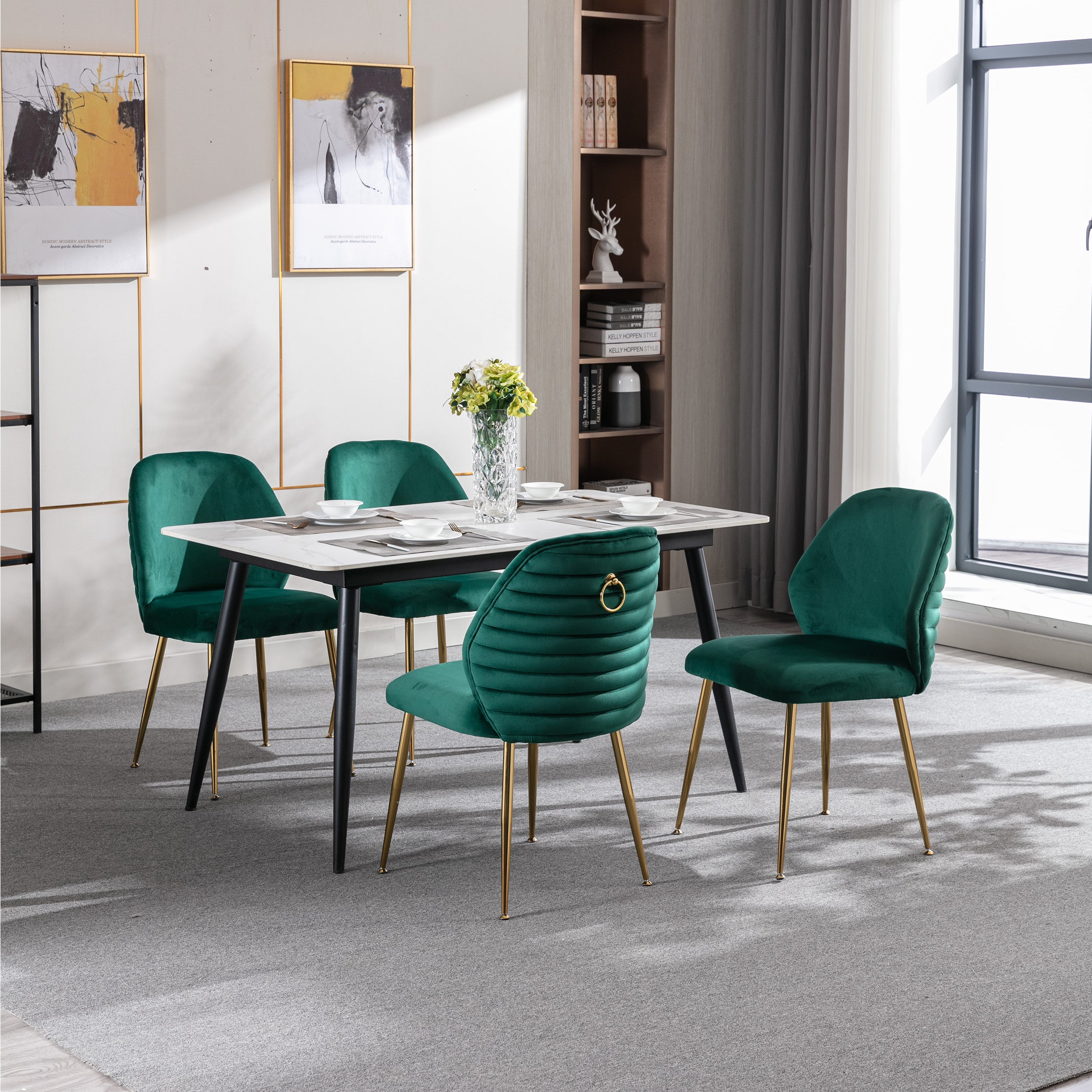 Modern Woven Velvet Upholstered Dining Chairs with Barrel Backrest and Gold Metal Legs (Set of 2) - Green