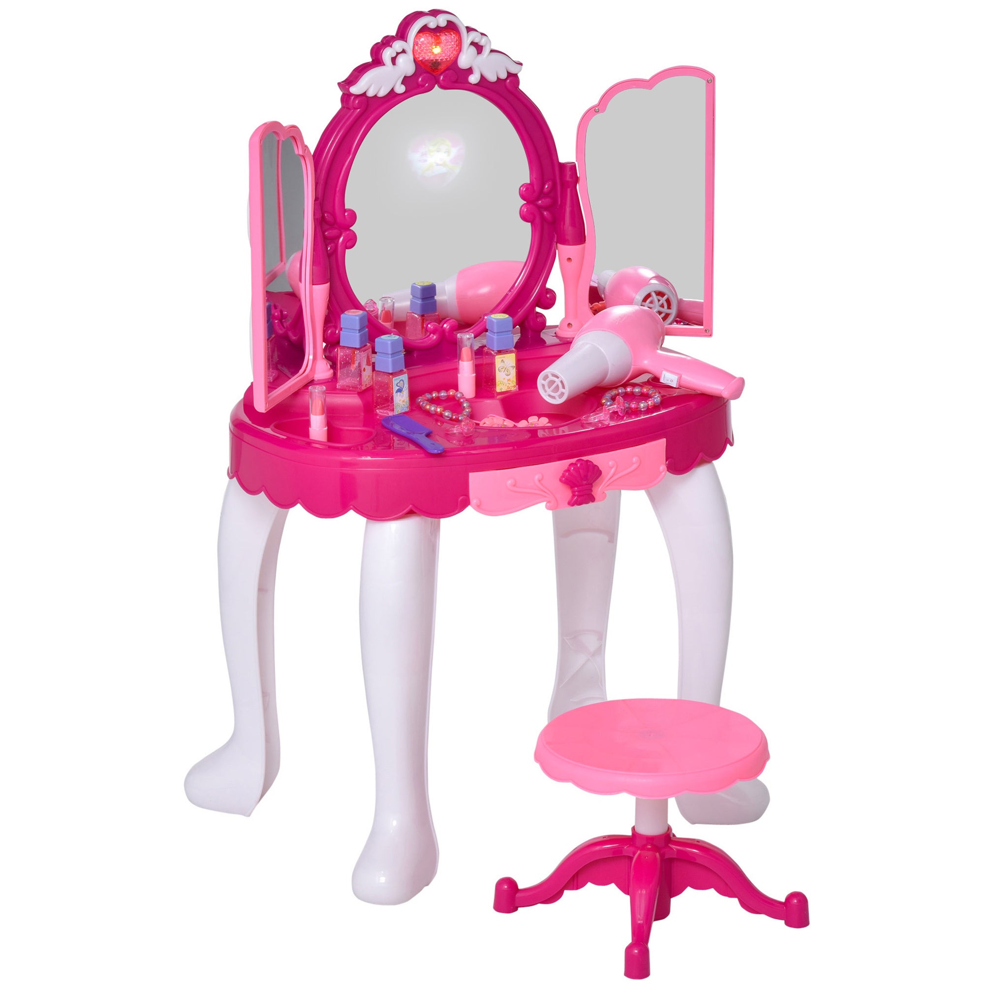 Infrared Remote Control Kids Vanity Set, Girls Pretend Dressing Table Set with Magic Wand, Music, Lightening, Cosmetic Mirror, Hair Dryer and Makeup Accessories