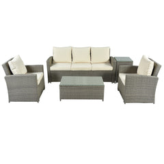 5 Piece Rattan Sectional Seating Group with Cushions and table, Patio Furniture Sets, Outdoor Wicker Sectional - Beige