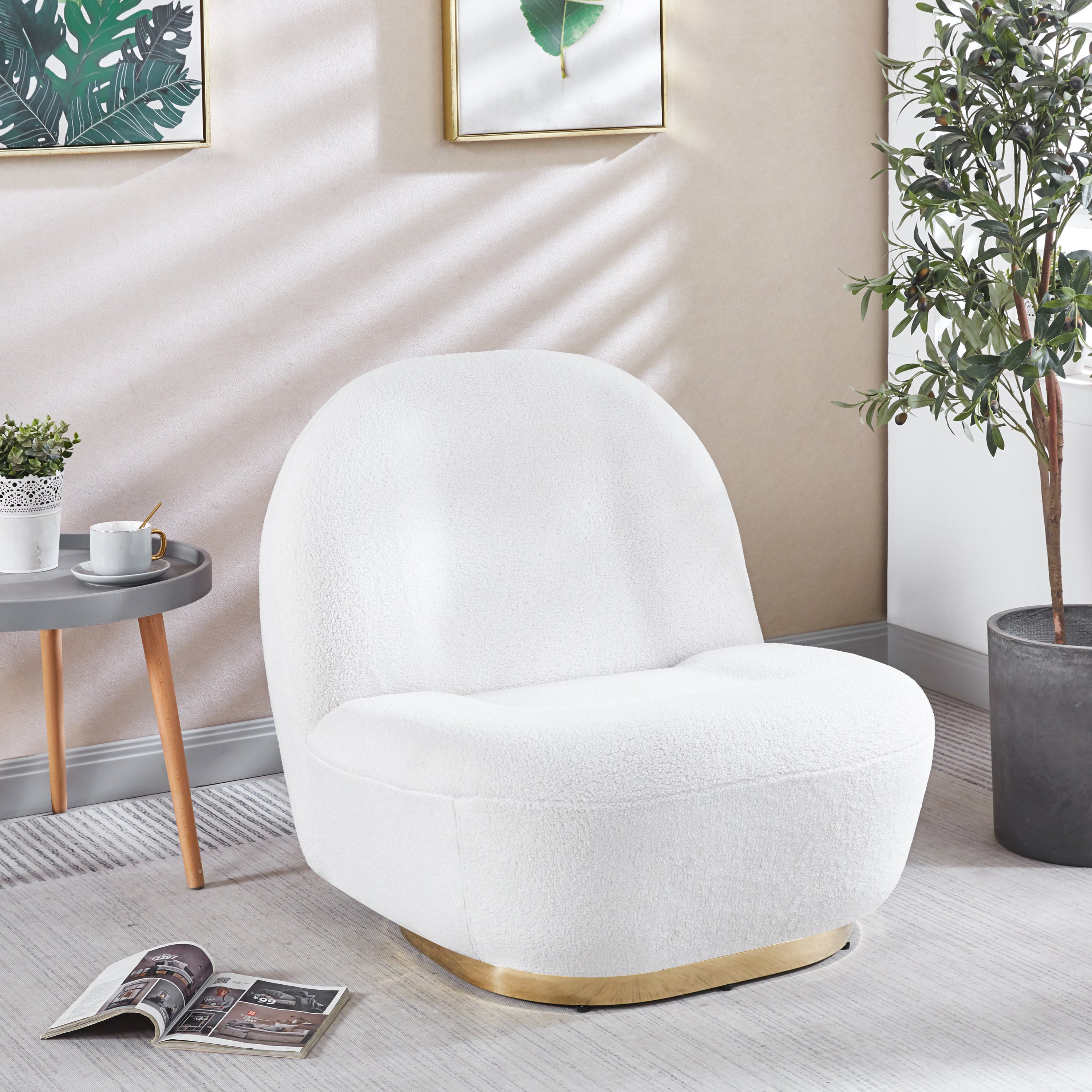 Modern Velvet Swivel Barrel Accent Chair with Gold Finish Stainless Steel Base - White