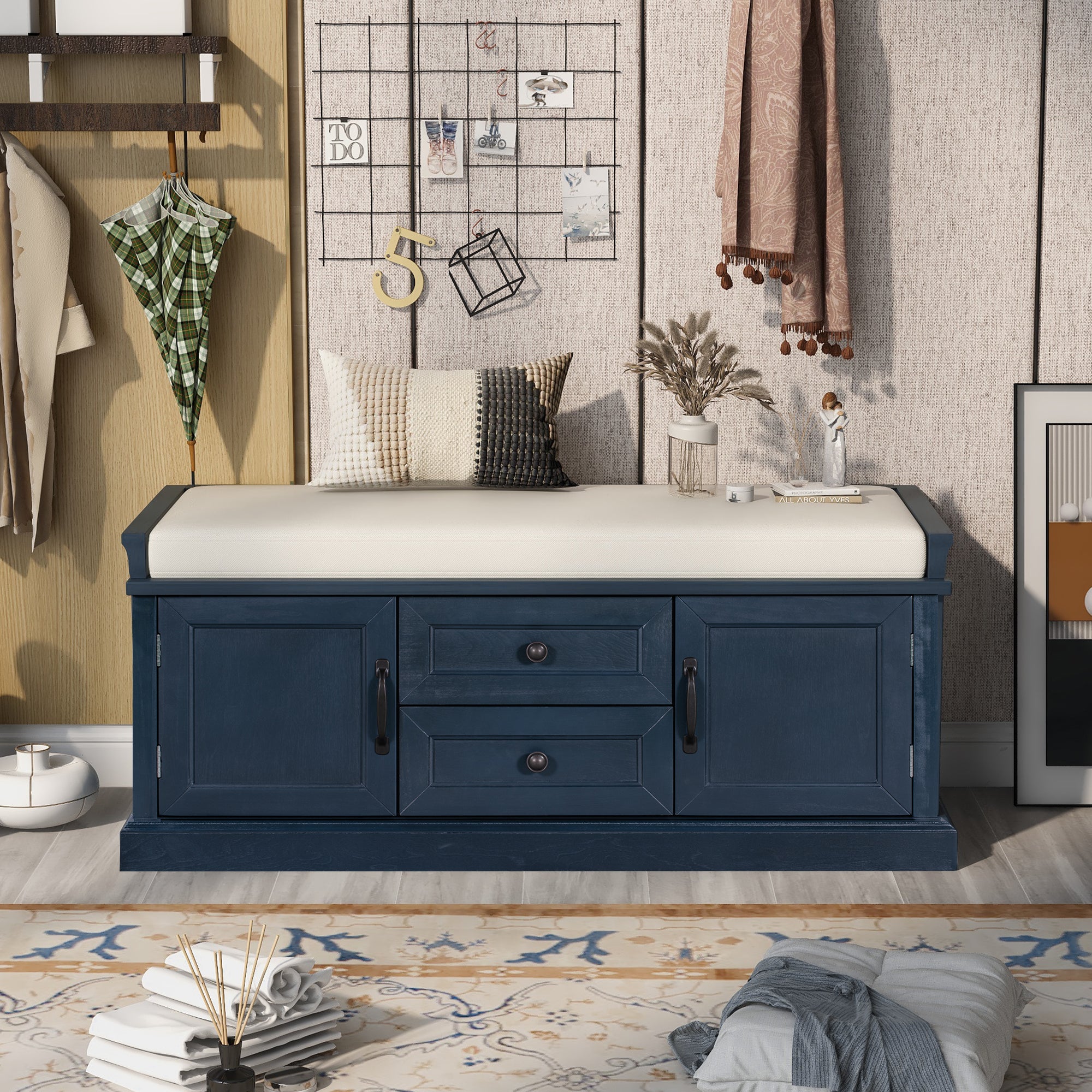 Storage Bench with 2 Drawers and 2 Cabinets with Removable Cushion - Antique Navy