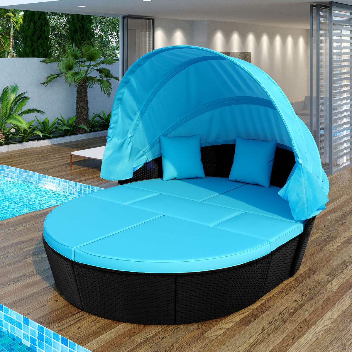 Outdoor rattan daybed sunbed with Retractable Canopy Wicker Furniture, Round Outdoor Sectional Sofa Set, Black Wicker Furniture Clamshell  Seating with Washable Cushions - Blue