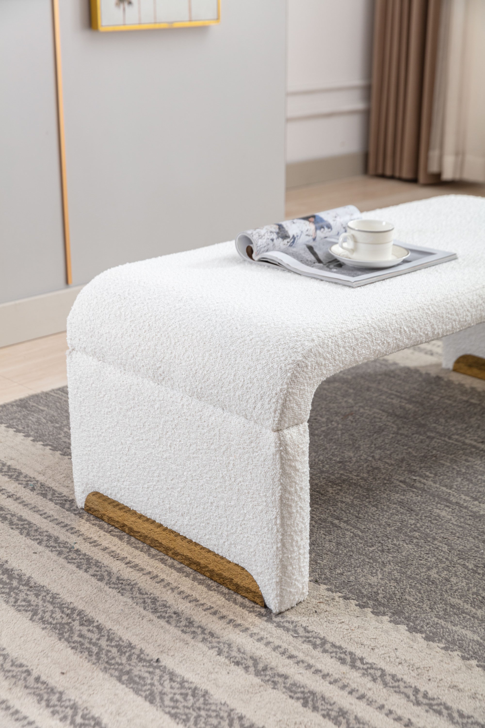 Footstool Bedroom Bench With Gold Metal Legs - Ivory White