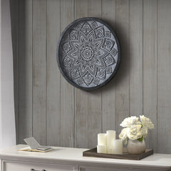 Grey Medallion Carved Wood Round Wall Decor