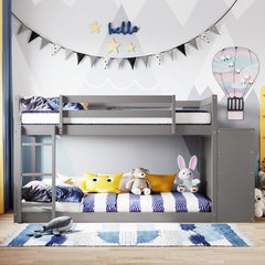 Twin over Twin Bunk Bed with 4 Drawers and 3 Shelves - Gray