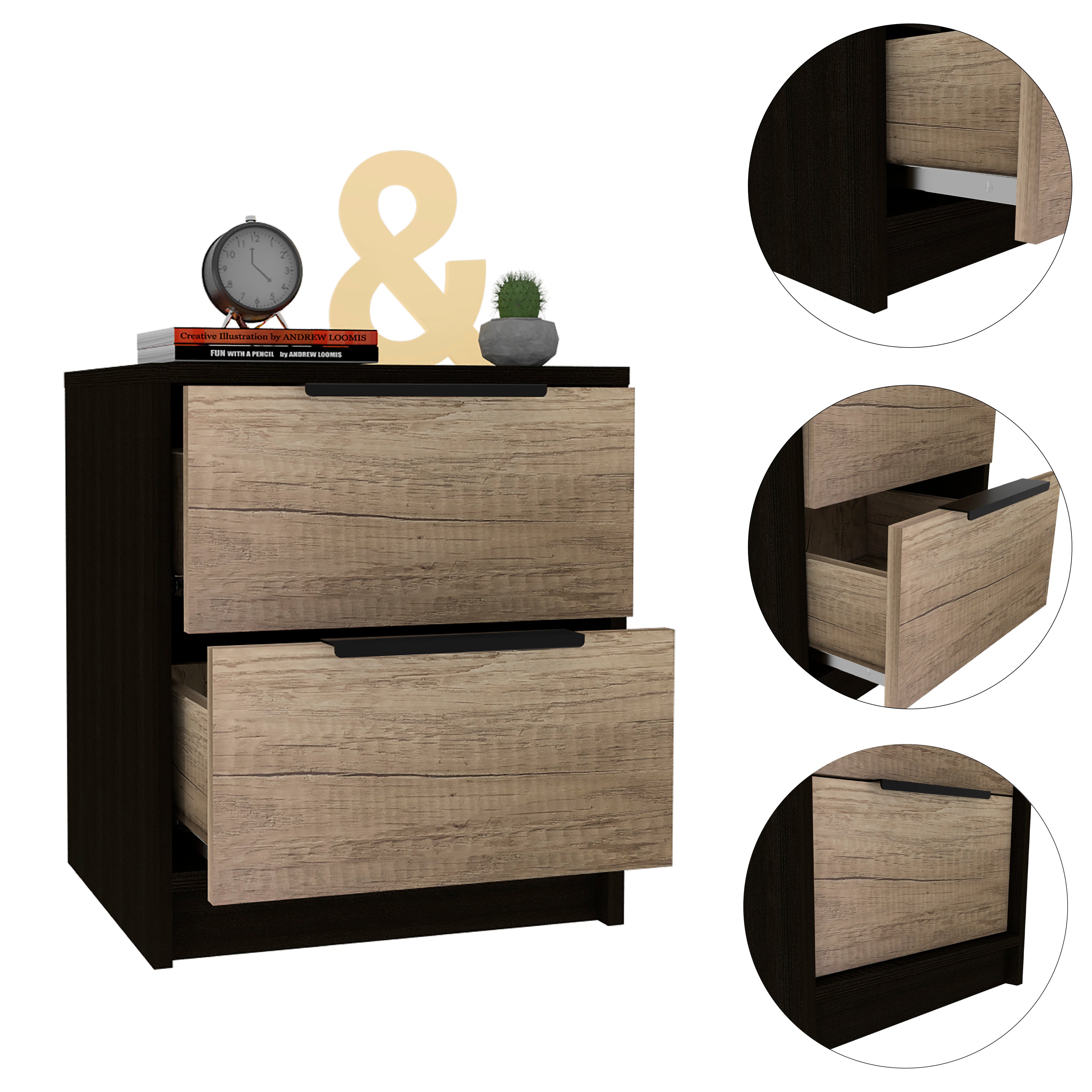 Kaia Nightstand, Two Drawers, Metal Handle - Black / Pine