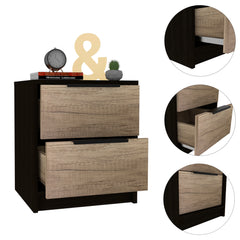 Kaia Nightstand, Two Drawers, Metal Handle - Black / Pine