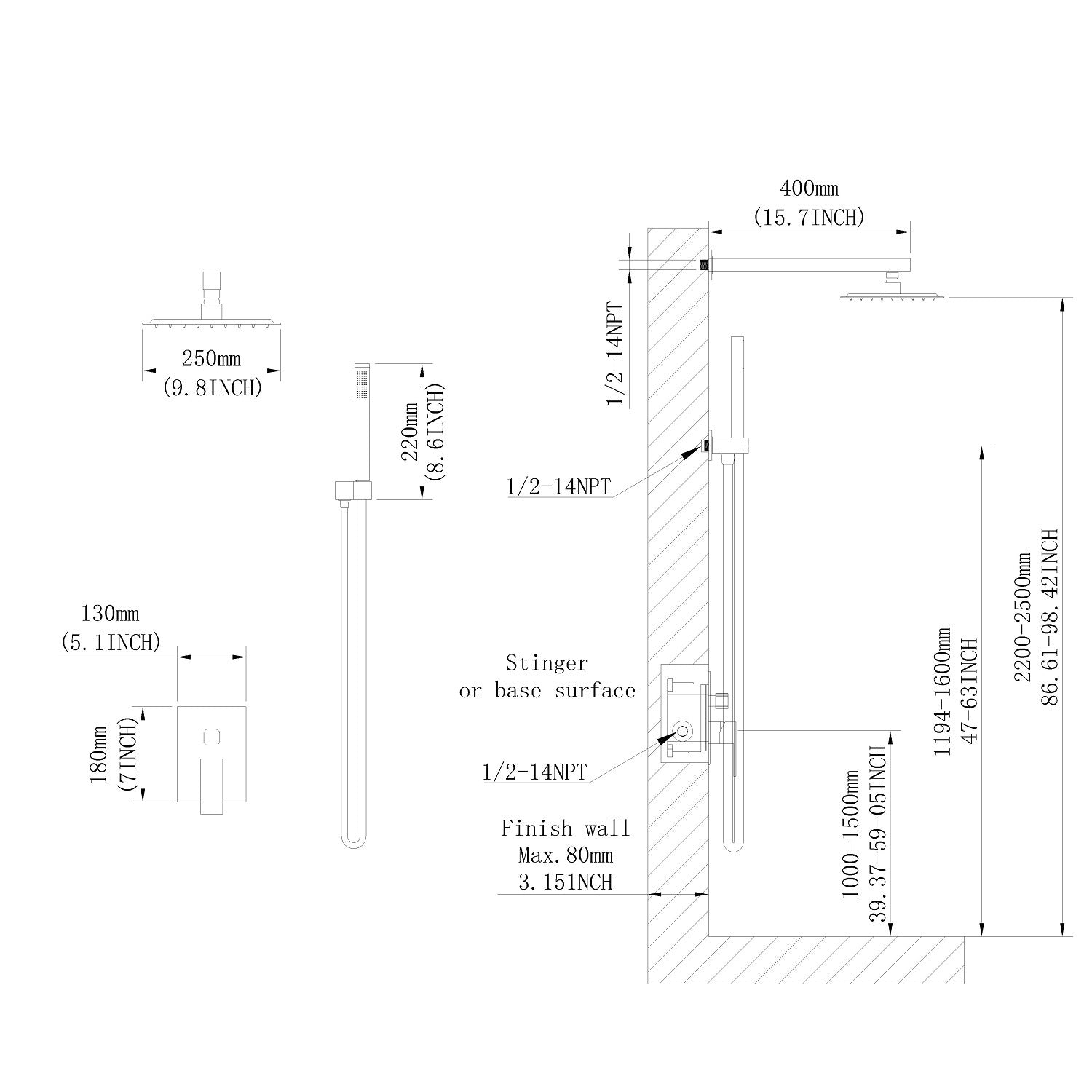 10 inch Shower Head Bathroom Luxury Rain Mixer Shower Complete Combo Set Wall Mounted - Brushed Nickel