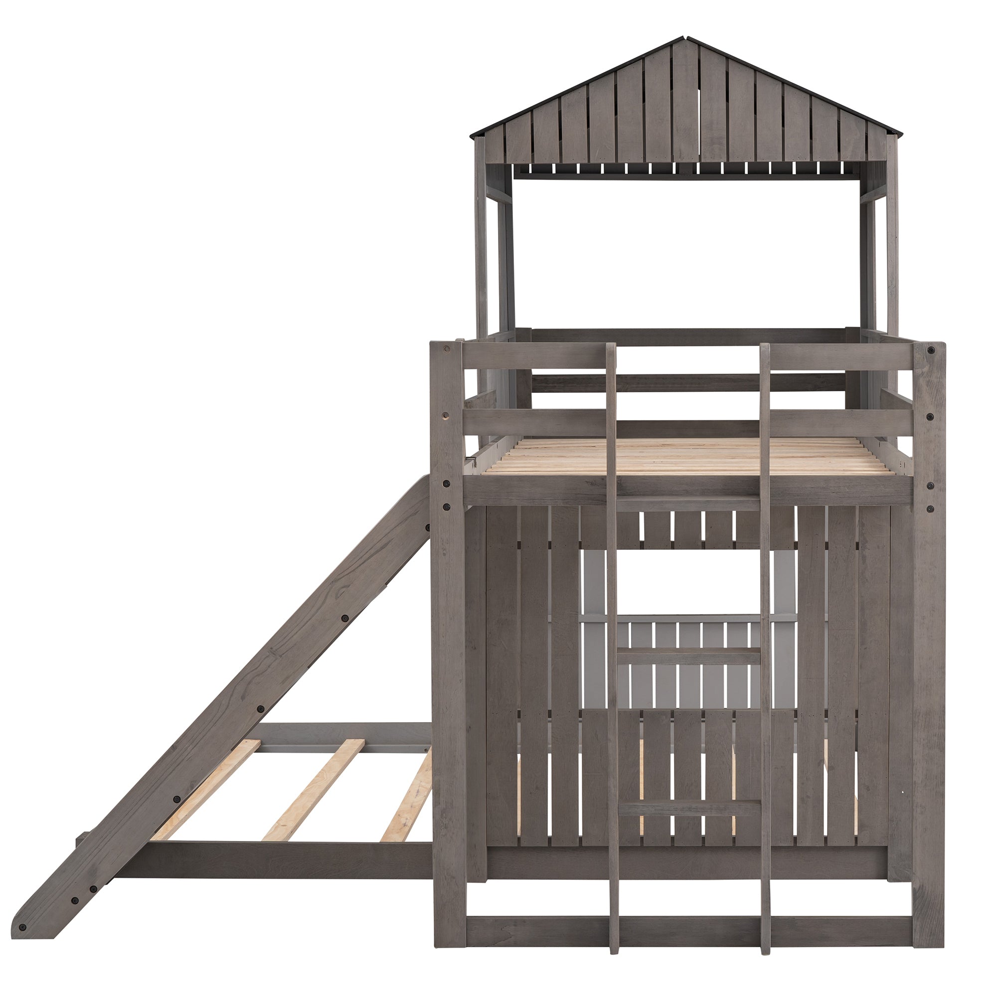 Farmhouse Loft Bed with Playhouse Ladder & Slide - White