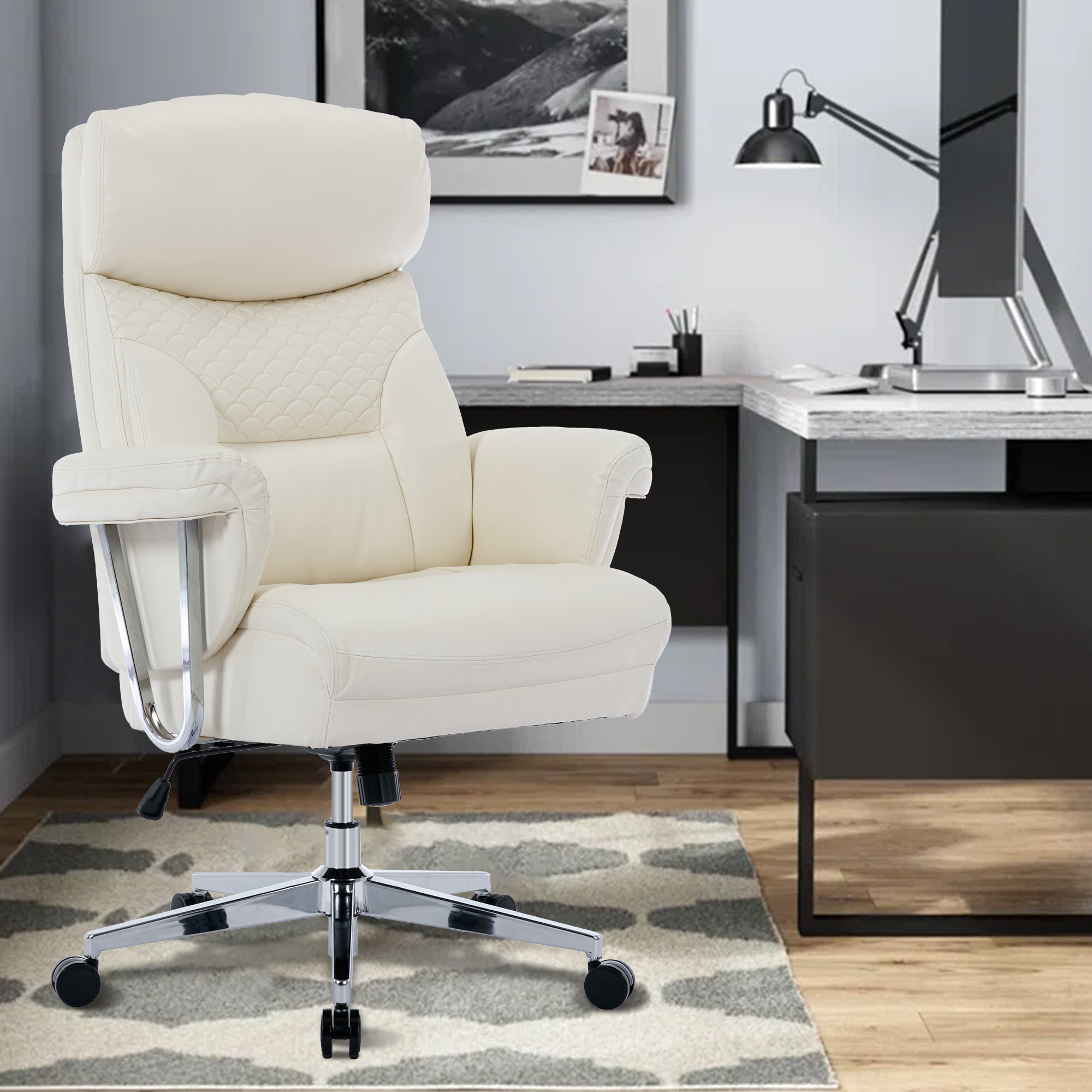 High Back Executive Office Chair 300lbs-Ergonomic Leather Computer Desk Chair - White