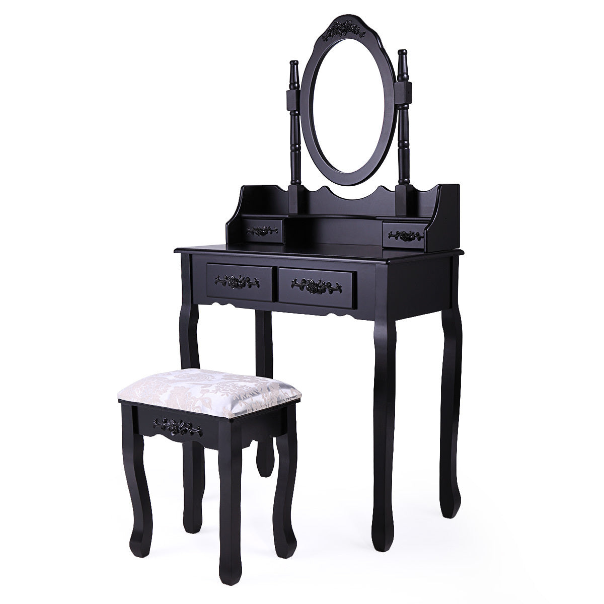 Makeup Vanity Table Dressing Table with 360-degree-rotating Mirror and 4 Drawers, Thick Padded Stool - Black