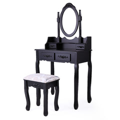 Makeup Vanity Table Dressing Table with 360-degree-rotating Mirror and 4 Drawers, Thick Padded Stool - Black