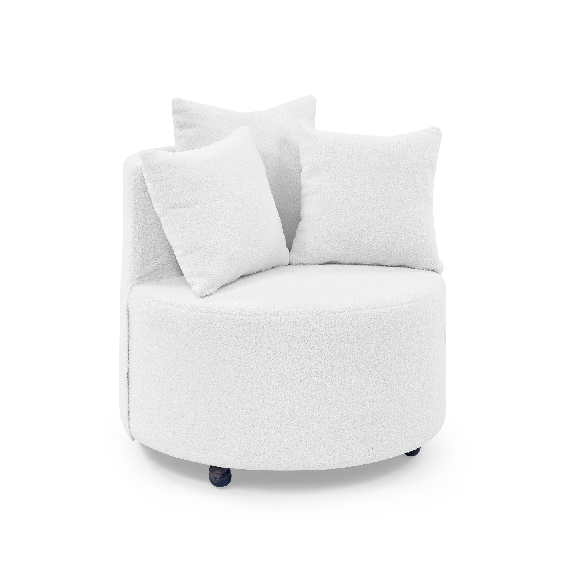 Teddy Fabric Swivel Accent Backchair Upholstered Luxury Lounge Chair with Movable Wheels, Including 3 Pillows - White