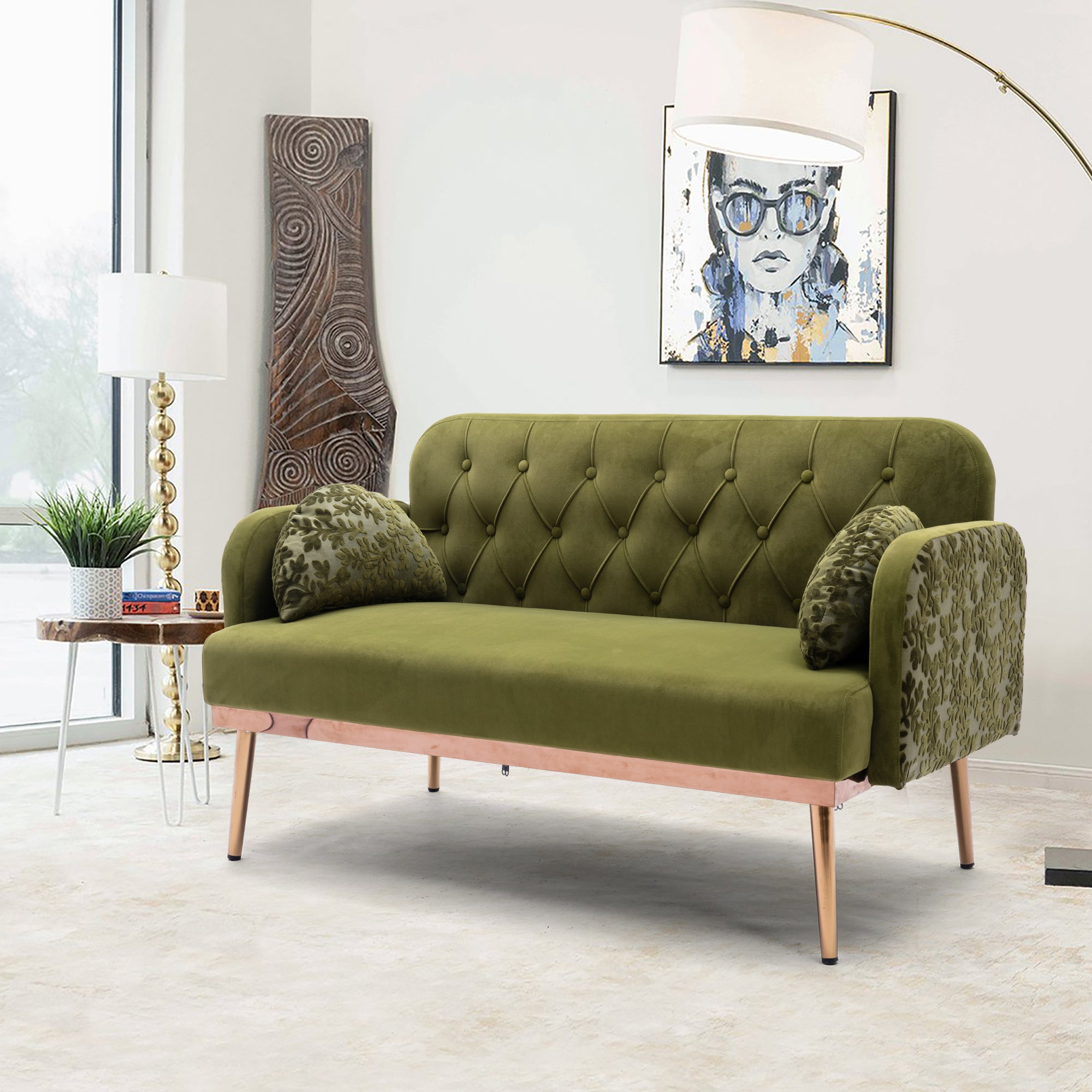 European Velvet Loveseat Sofa with Metal Feet - Green Olive