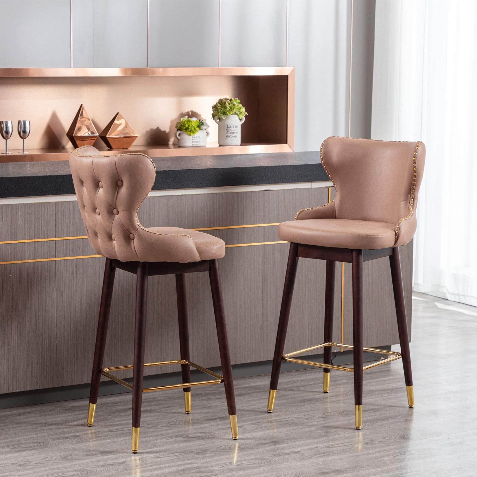Modern Leathaire Fabric bar chairs, Tufted Gold Nailhead Trim Gold Decoration Bar stools (Set of 2) - Khaki