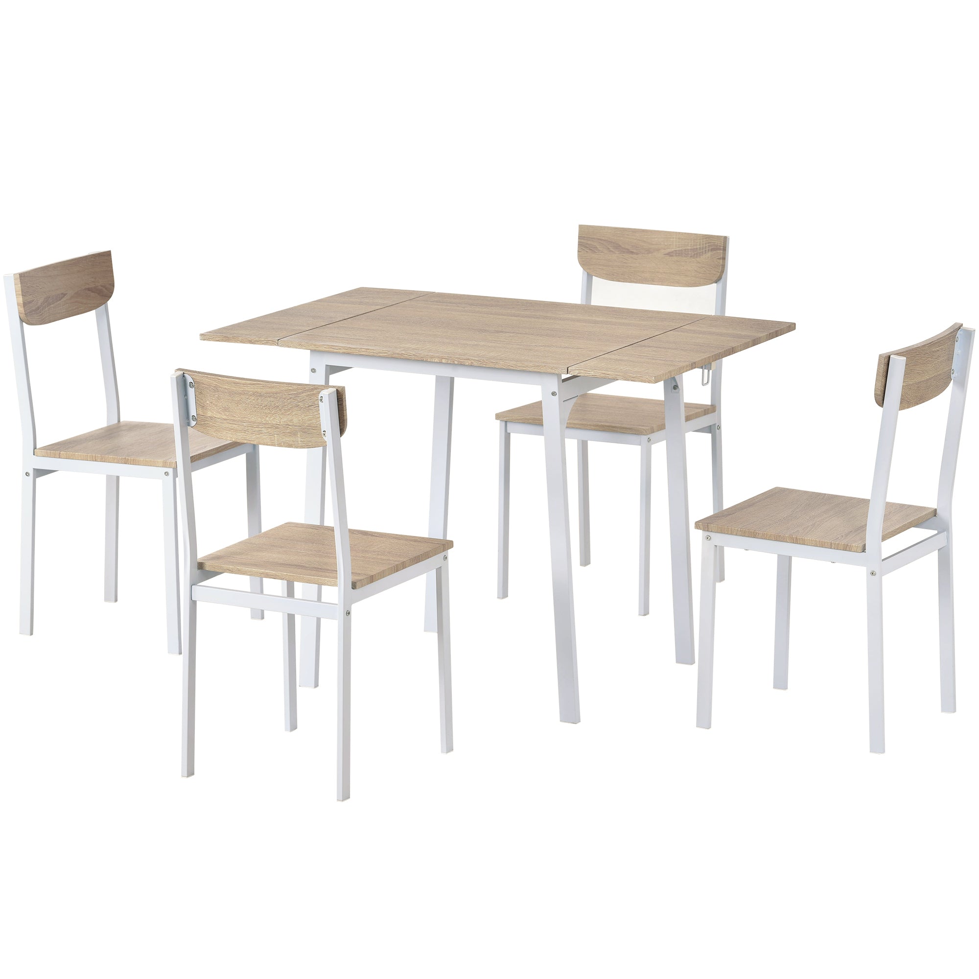 5-piece Modern Metal Dining Set with 1 Leaf Dining Table and 4 chairs - Oak Finish