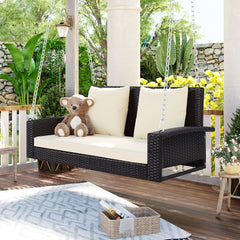 2-Person Wicker Hanging Porch Swing with Chains, Cushion, Pillow, Rattan Swing Bench for Garden, Backyard, Pond (Brown Wicker, Beige Cushion)