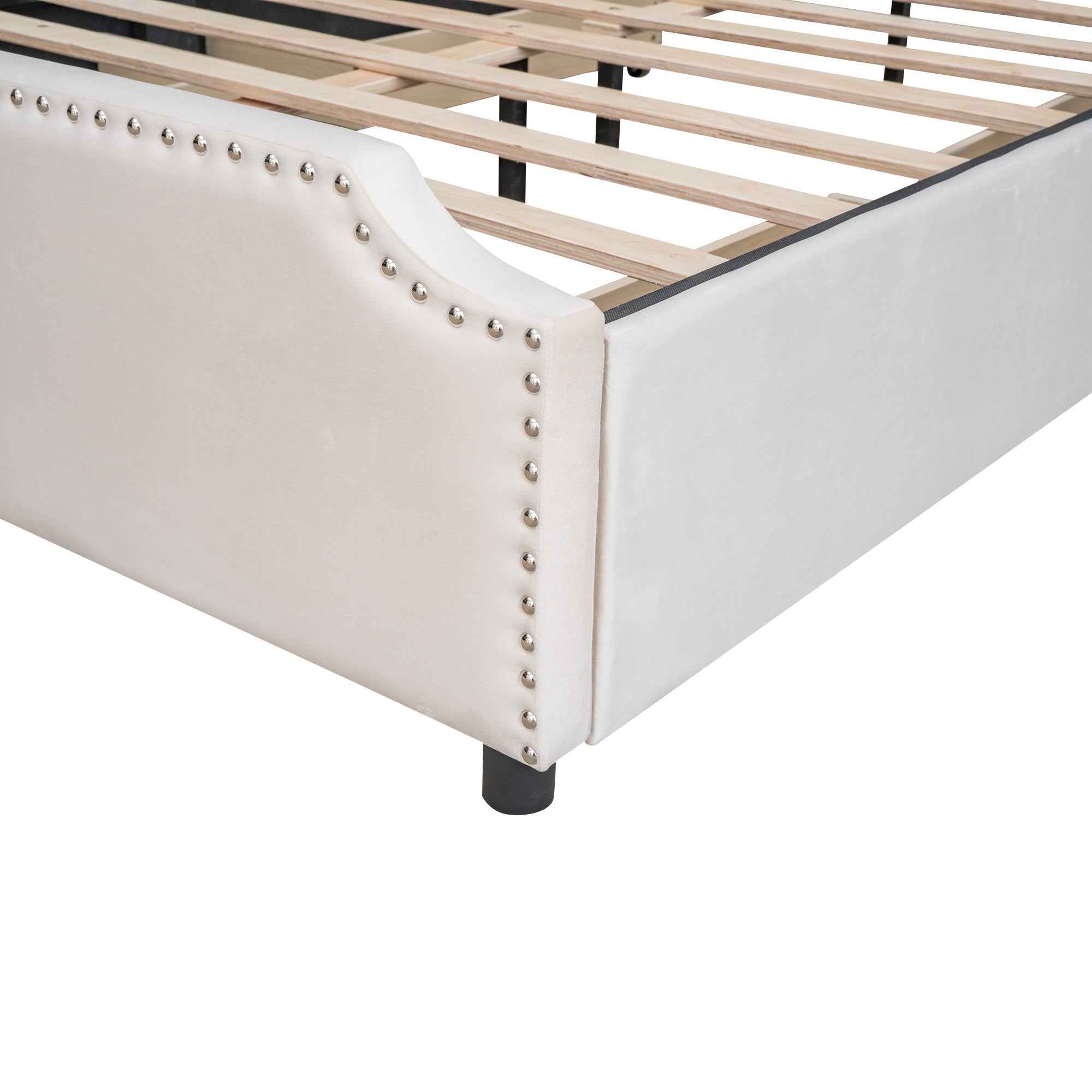 Queen Size Upholstered Platform Bed with Stud Trim Headboard and Footboard and 4 Drawers No Box Spring Needed, Velvet Fabric - Beige