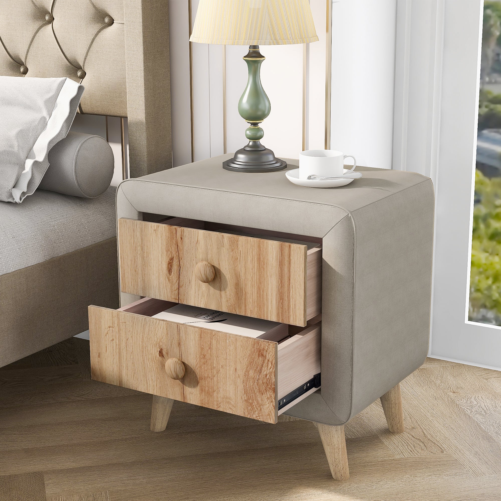 Upholstered Wooden Nightstand with 2 Drawers - Beige