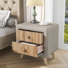 Upholstered Wooden Nightstand with 2 Drawers - Beige