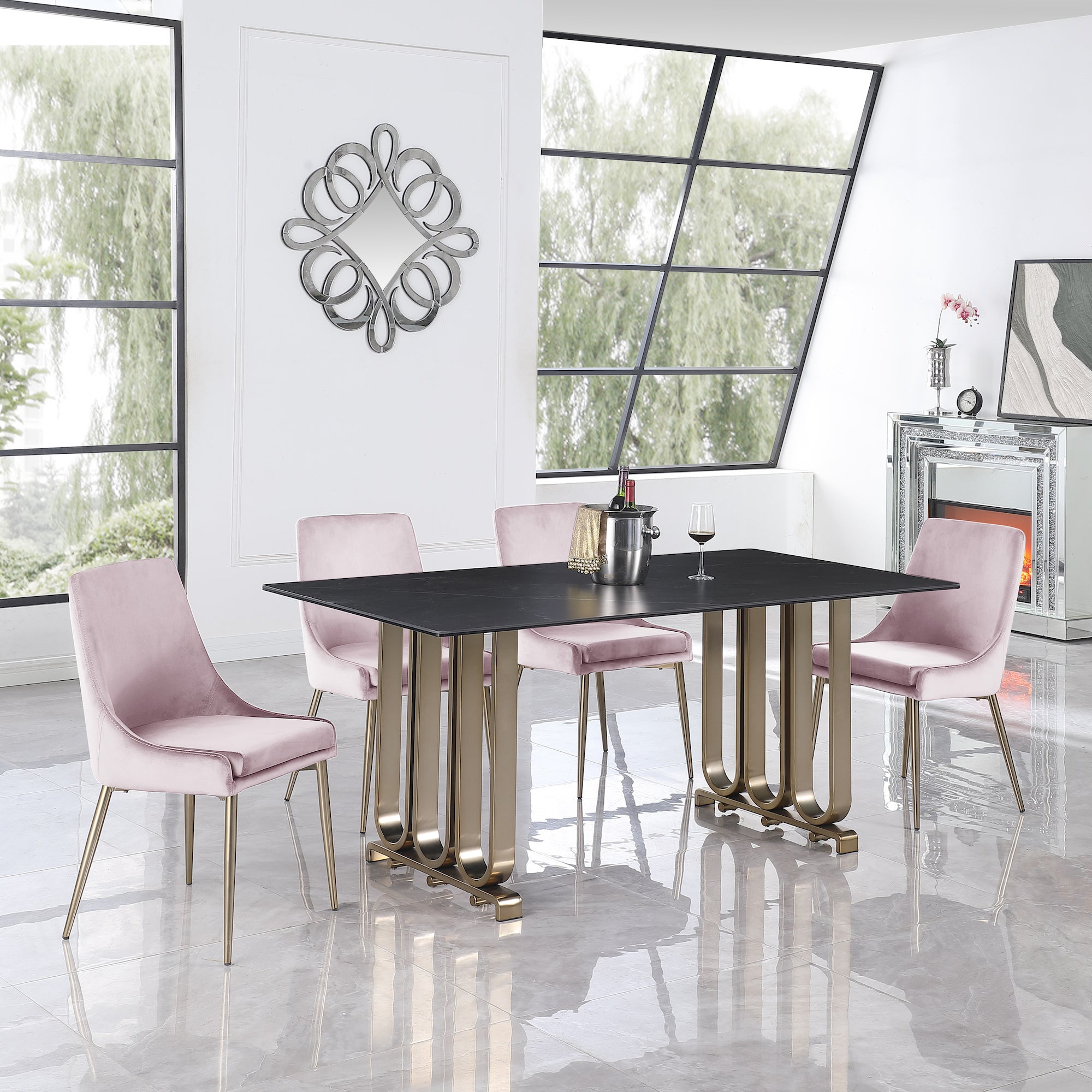 Contemporary Velvet Upholstered Dining Chair with Sturdy Metal Legs (Set of 2) Light Pink