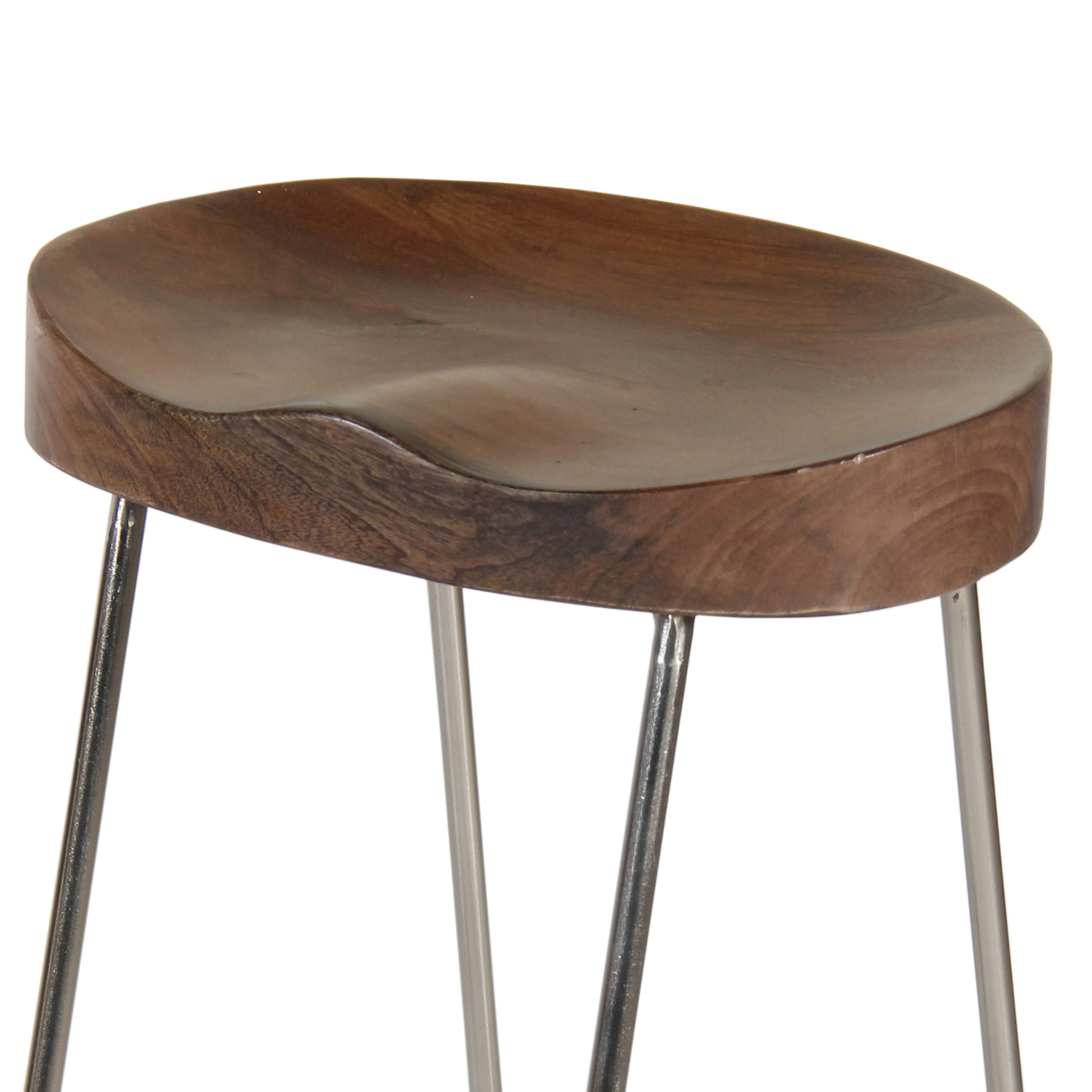 Farmhouse Counter Height Barstool with Wooden Saddle Seat - Brown and Silver