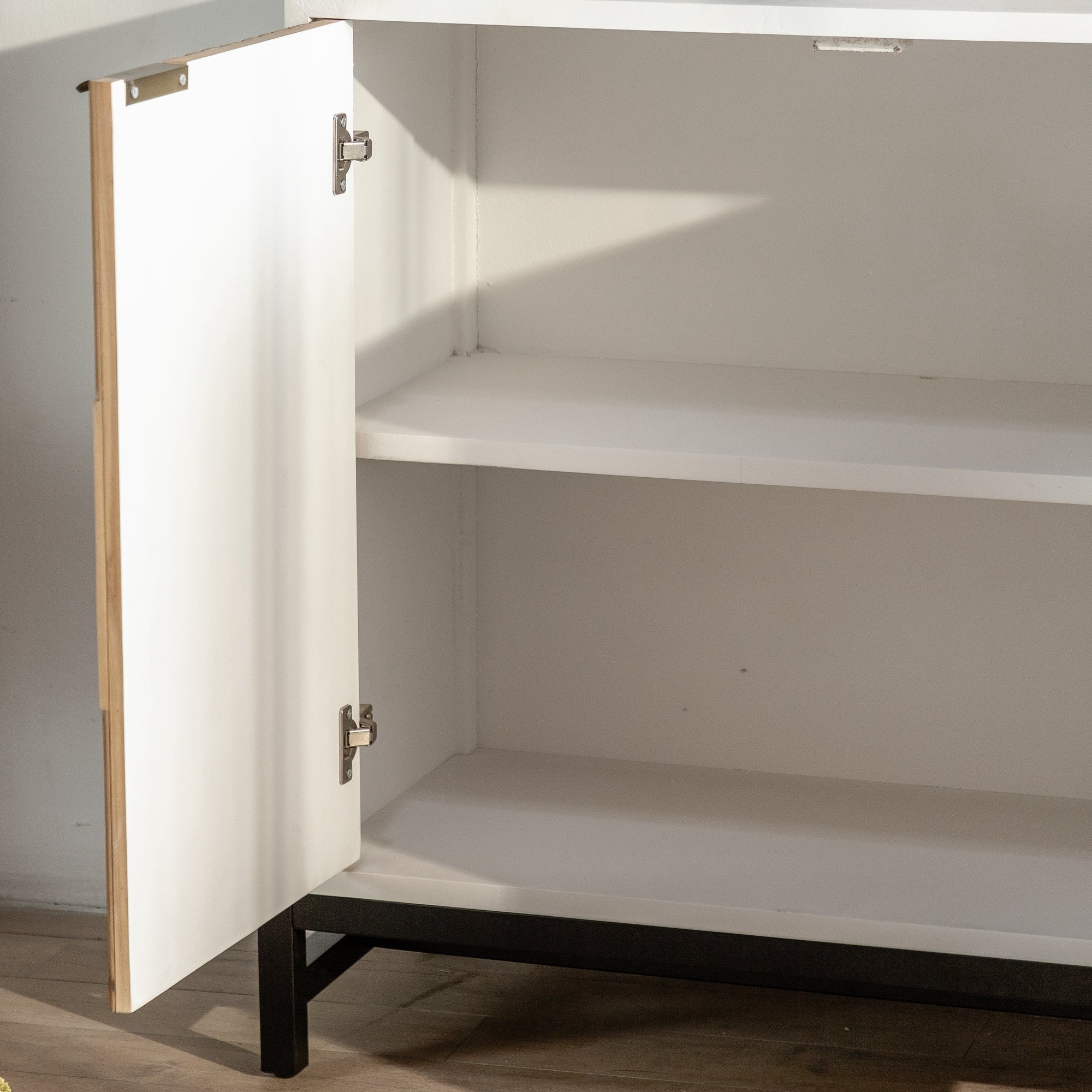 Retro Fashion Style 3-Door Storage Cabinet with Vertical Grain Embossed Design and Double Layer Storage Space - White + Oak