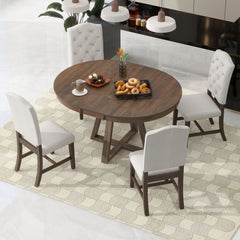 5-Piece Retro Functional Dining Set, Round Table with a 16"W Leaf and 4 Upholstered Chairs - Walnut